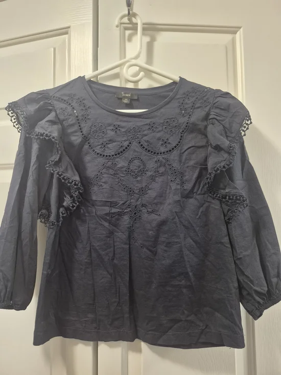 J. Crew Women's Navy Eyelet Ruffle Sleeve Top  sz XS