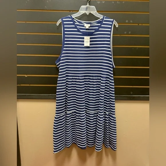NWT J.Crew Blue & White Striped Sleeveless Midi Dress Size XL