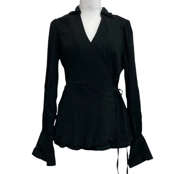 J Crew Black Long Sleeve Wrap Front Crepe Blouse