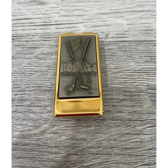 Vintage Anson Golf Money Clip Gold Tone Pewter Relief 18th Hole Crossed Clubs