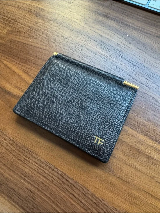 Tom Ford Dark Brown Leather Money Clip Wallet with Gold Accents