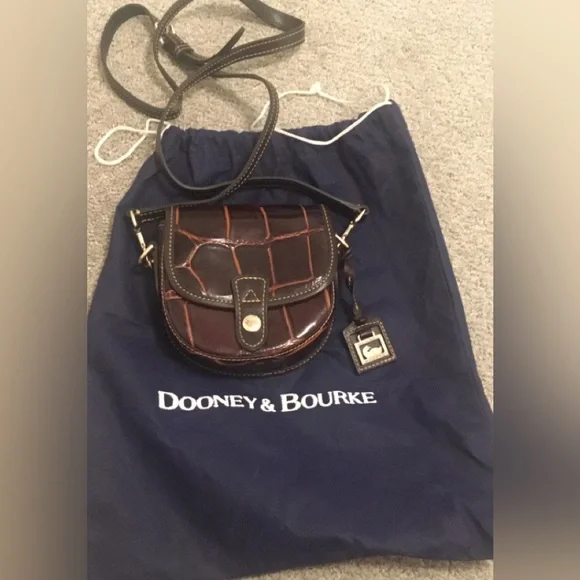 Dooney & Bourke Dark Brown Croc-Embossed Leather Mini Flap Saddle Crossbody-EUC