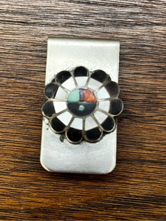 Native American Zuni Silver Stone Inlay Money Clip