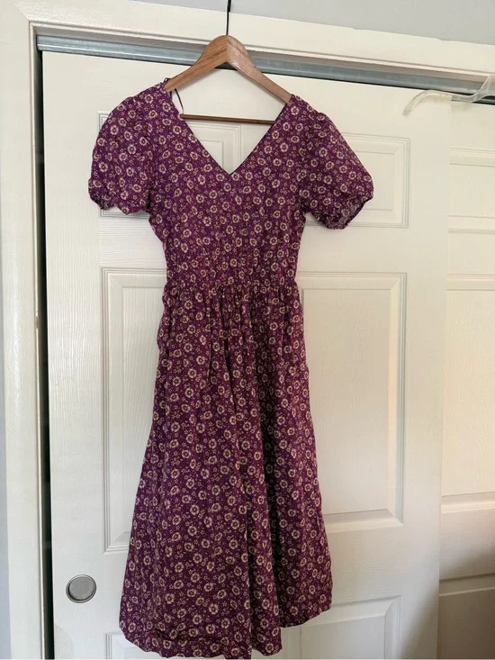 J.Crew Purple Floral V-Neck Puff Sleeve Midi Dress