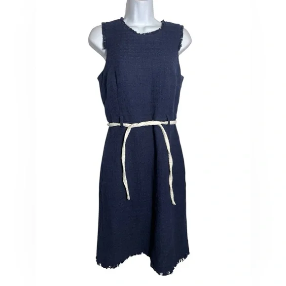 J Crew dress size 6 navy blue cotton sleeveless‎ belted dress w/fringe edges 💙