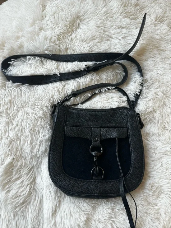 Rebecca Minkoff Black Pebbled Leather Saddle Crossbody Bag Suede Flap Gunmetal