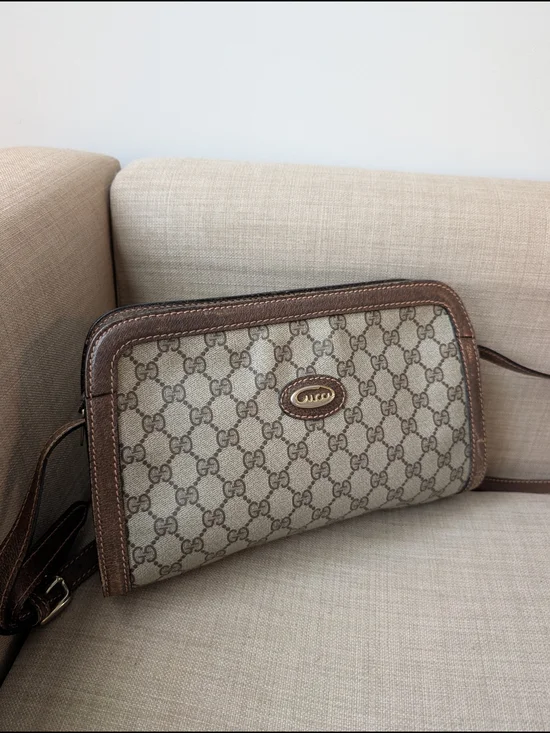 Gucci Beige GG Canvas Crossbody with Brown Leather Trim