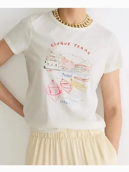 J. Crew Cinque Terre Italy Graphic Tee Size S Cream Multi Cotton Fitted NWT