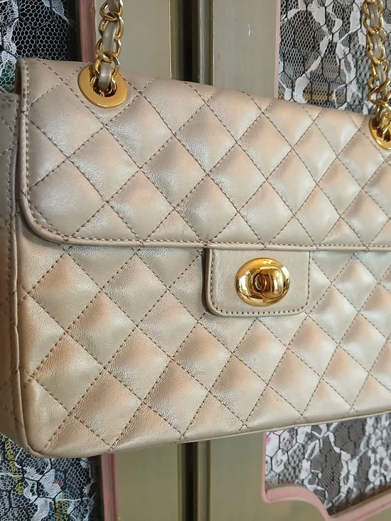 Kate Landry Quilted Champagne Metallic Shoulder Bag with Chain Strap