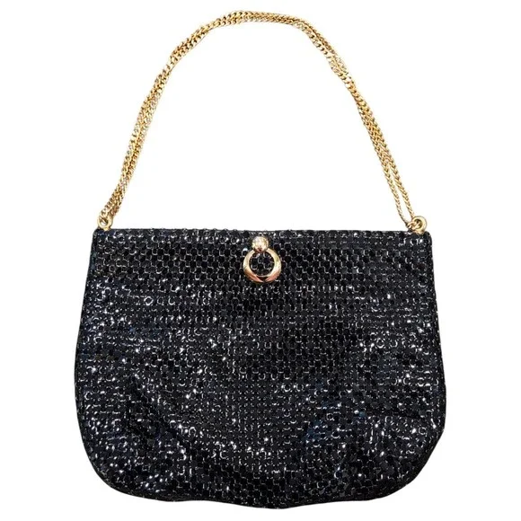 Vintage 1960s Whiting & Davis Black Metal Mesh Evening Bag