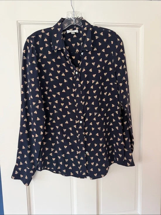 J. Crew Navy Button-Down Shirt with Cream Chicken Print