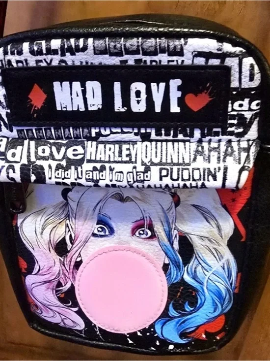 DC Comics Harley Quinn Black White Pink Blue Crossbody Bag - 'Mad Love'