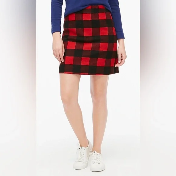 J. Crew Wool Blend A-Line Skirt Plaid Red Black Size 8 Preppy Academia Lined