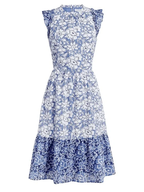 J.Crew Blue & White Ruffle-Sleeve Tiered Cotton Midi Dress Size 10 54953