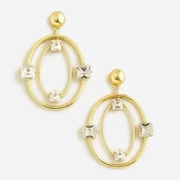 J. Crew Gold Double Oval Crystal Hoops Statement Earrings NWT