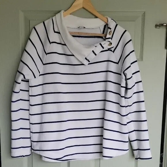 J. Crew Striped Wide Button-Collar Pullover Sweatshirt Nautical Preppy Size S