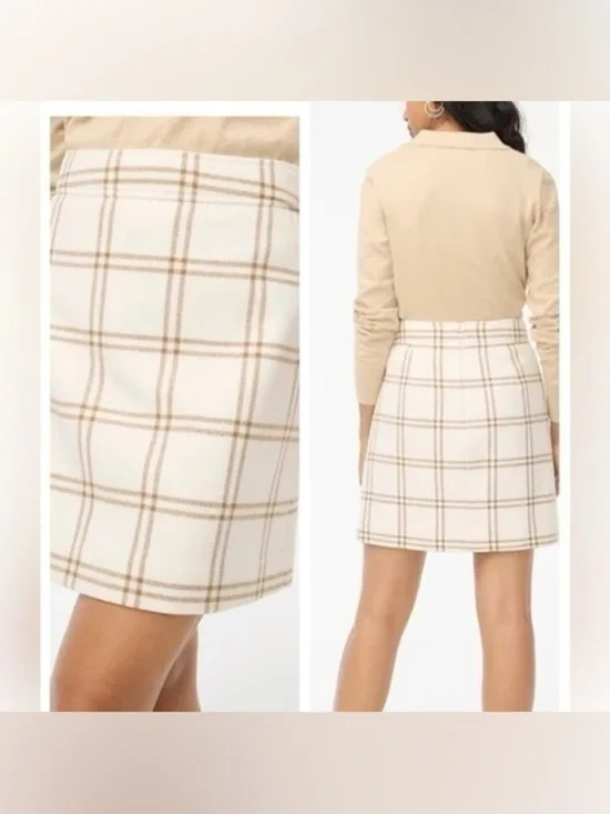 J.Crew Ivory Tan Windowpane Plaid Wool Blend Mini Skirt – Size 8