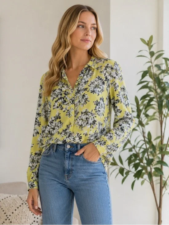 J. Crew Silk Cotton Blend Button Down Floral Shirt long sleeve yellow grey SZ 0