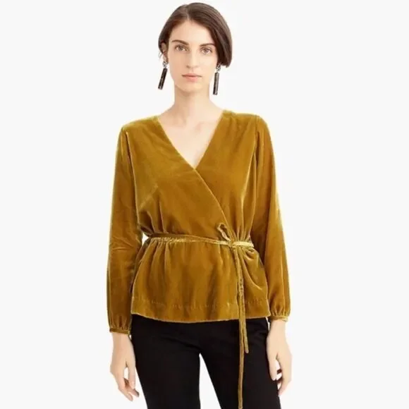 J. Crew Faux Wrap Velvet Long Sleeve Blouse Size 2 in Mustard Yellow