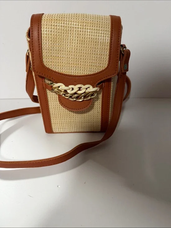 Tan Woven Crossbody Bag with Gold Chain
