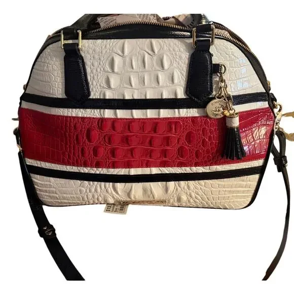 Retired Brahmin Hudson Satchel Magnolia Stripe Melbourne Leather Dome Crossbody