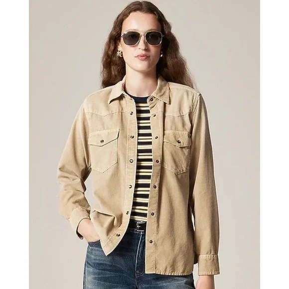 J. Crew Corduroy Western Shirt Tan Snap Button Long Sleeve Size 00 NWT $148 Flaw