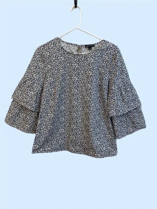 J. Crew Blue and White Ditsy floral Tiered Bell Sleeve Blouse Sz 8