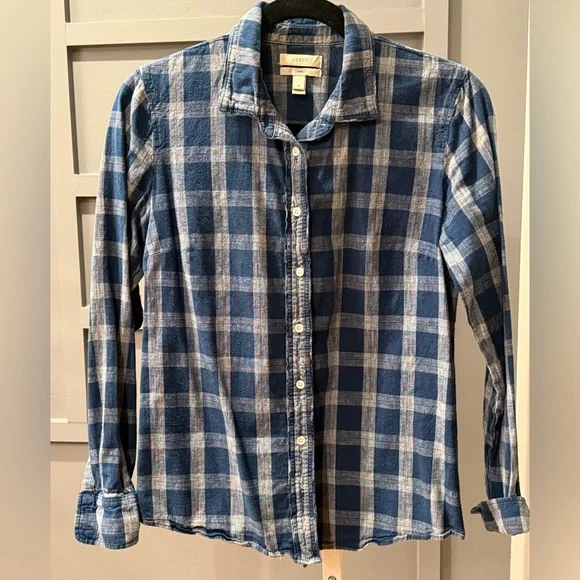 J. Crew Boy Fit Top Sz 4 Button Front Shirt Blouse Blue Check Plaid Cotton
