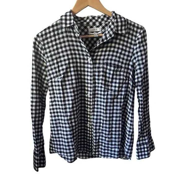 J. Crew Crinkle Boy Shirt Black White Check‎ Button Up Cotton Size 2