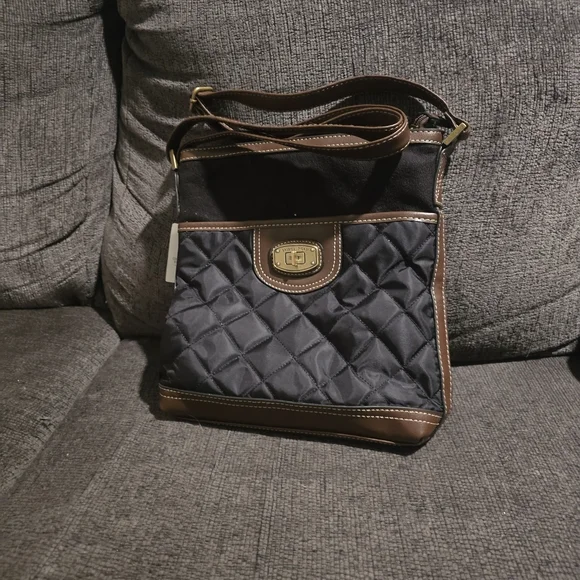 Quilted Black and Brown Crossbody Bag with Gold-Tone Hardware