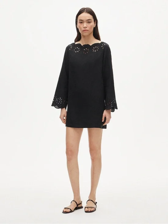 J. Crew Scallop-trim Eyelet Popover Linen Dress in Black Size Medium