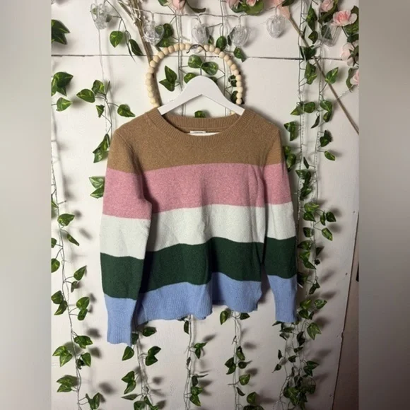 J. Crew Pink and White Crew Neck Sweater