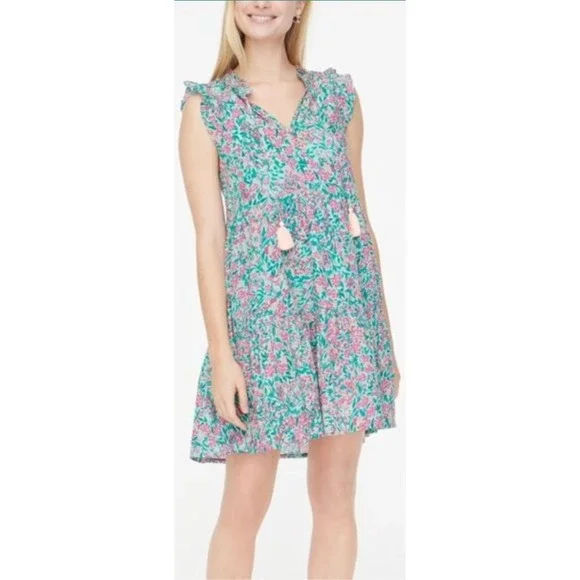 J. Crew Tiered Floral Ruffle V Neck Tassel Dress XS Mint Pink‎ Green NWT $98