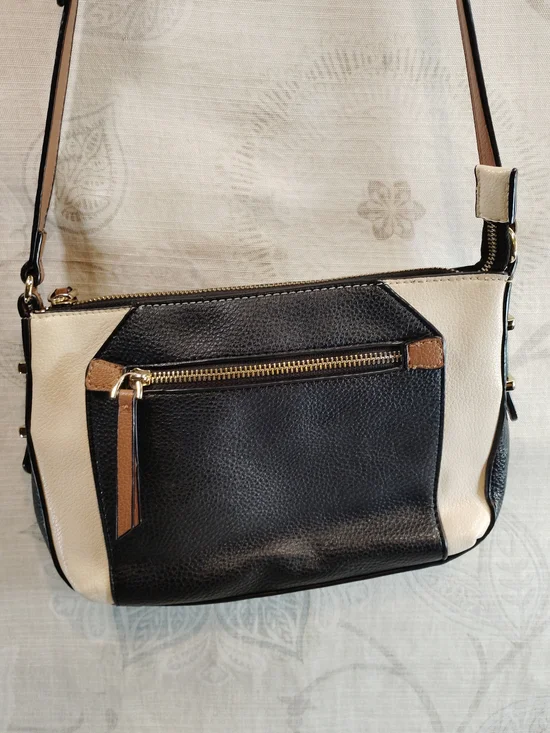 Charming Charlie Black and Cream Crossbody Bag with Brown Accents