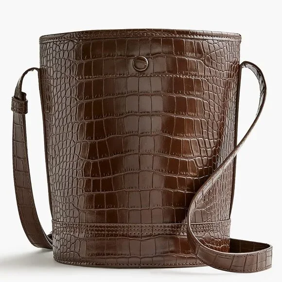 J. Crew Dark Walnut Croc Crossbody Bucket Bag/NWT