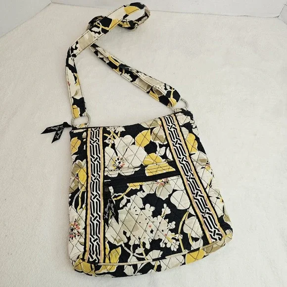 Vera Bradley Dogwood On The Go Hipster Crossbody Purse Bag Black Yellow White