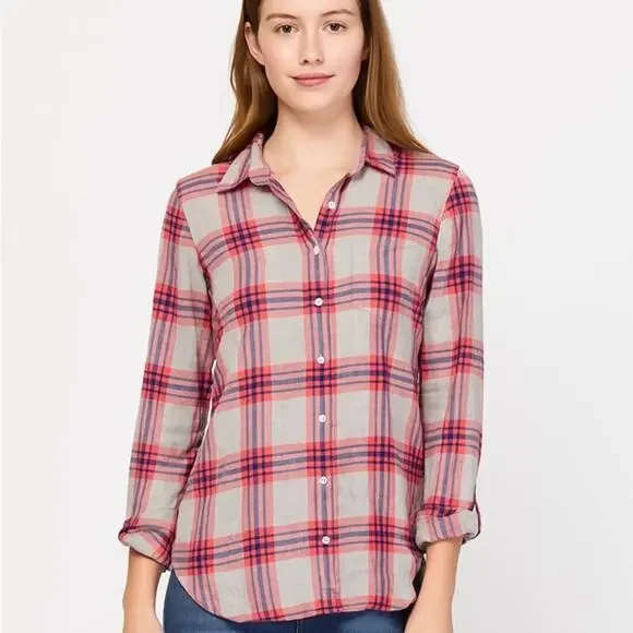 J. Crew Women's Boy Fit Pink Plaid Button Up Shirt 100% Cotton Size Small