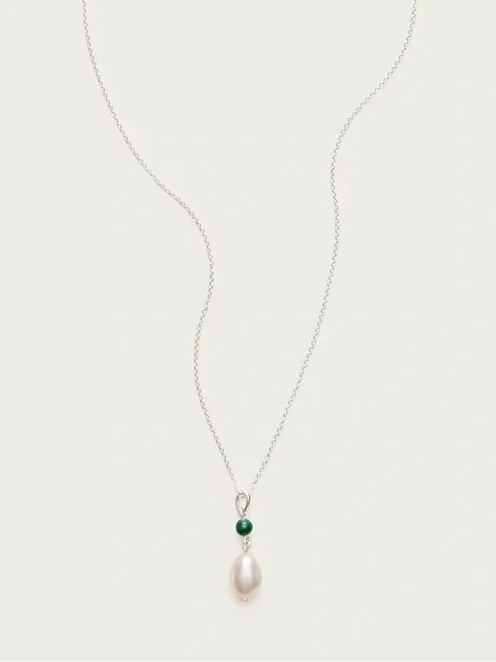 Sterling Silver Pearl Drop Necklace with Green Accent