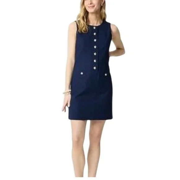 J Crew Navy Sleevelesss Button Front Shift Dress Linen Blend‎ Size 14  NWT $128