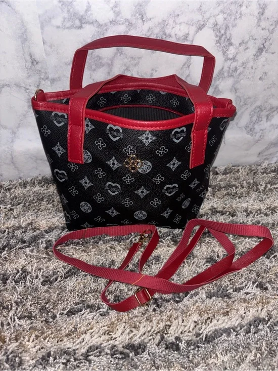 Black Patterned Crossbody Tote with Red Trim