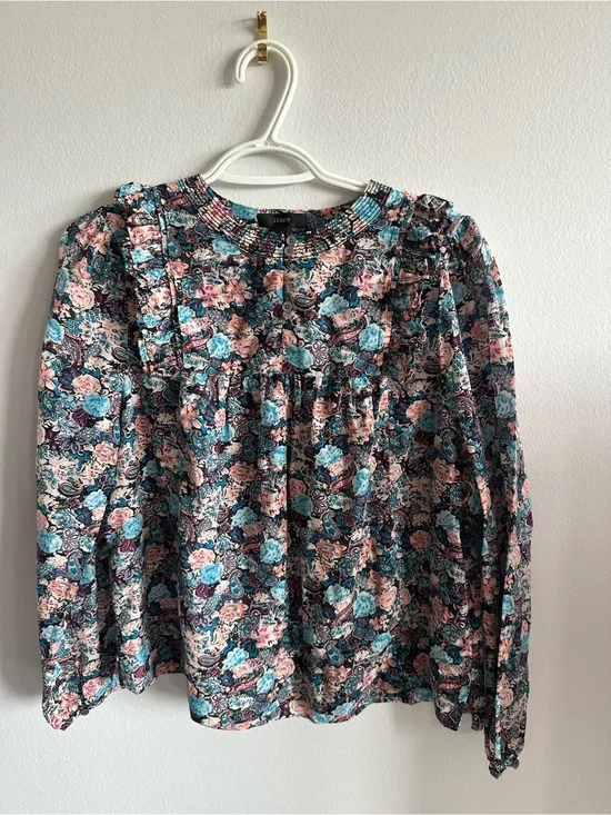 J.Crew Floral Paisley Ruffle Blouse Small Cotton Silk Long Sleeve Boho