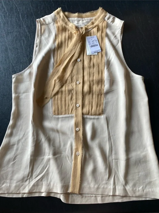 J. Crew Cream Sleeveless Tie-Neck Blouse with Tan Front Panel 100% Silk