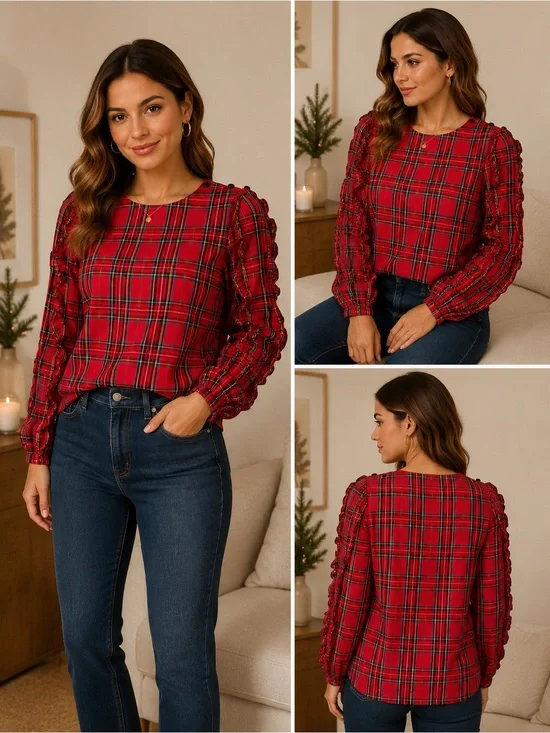 J.Crew Red Tartan Plaid Ruffle Sleeve Cotton Blouse Medium Holiday Preppy Top
