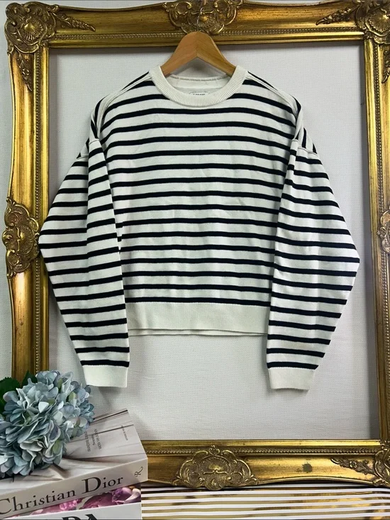 J. Crew White and Black Striped Crewneck Sweater | S