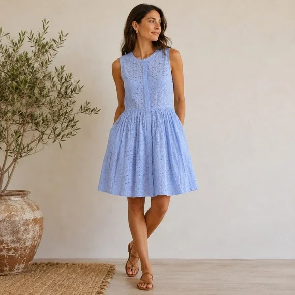 J. Crew NWT Eyelet Sleeveless Button Front Dress L2338 Periwinkle Blue Size 12
