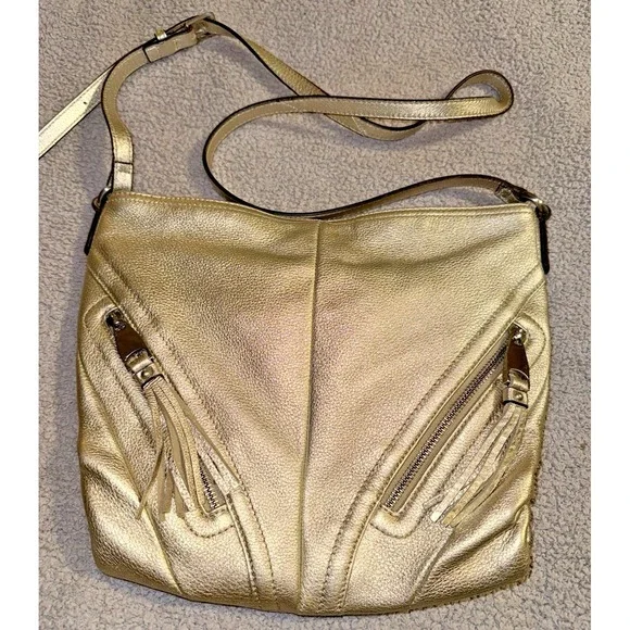 B. Makowsky Metallic Gold Leather Crossbody Purse Magnetic Close Tassels Zippers
