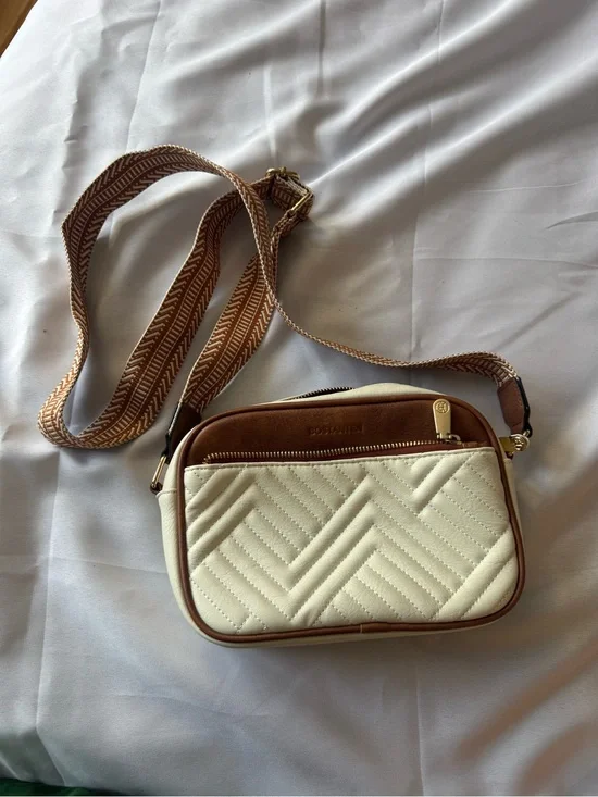 Quilted Cream and Brown Crossbody with Patterned Strap