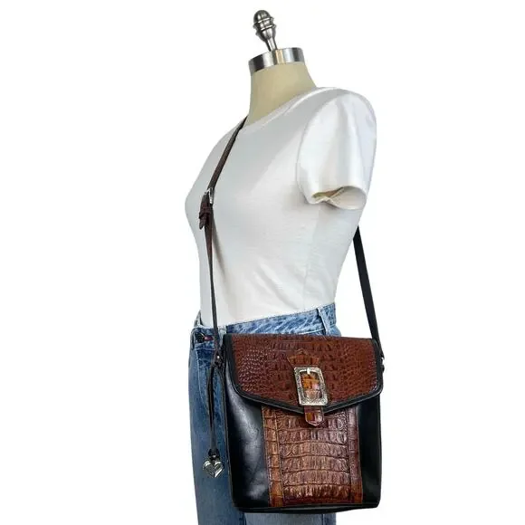 Vintage Brighton Black Leather Croc Embossed Buckle Crossbody Purse Bucket Bag