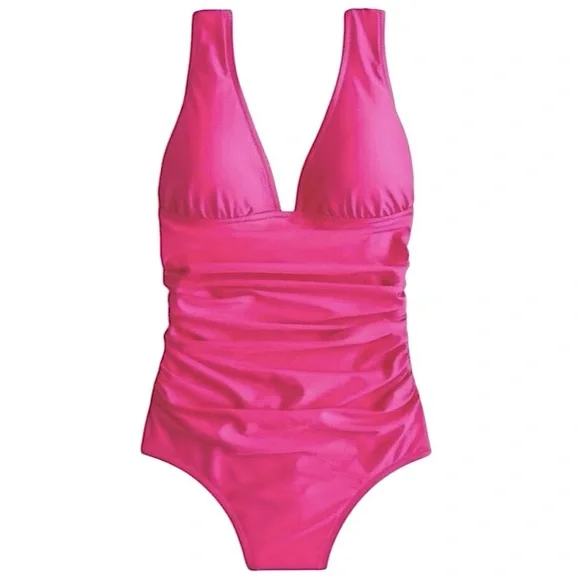 NWT J. Crew Vibrant Pink Ruched V-Neck One-Piece Swimsuit