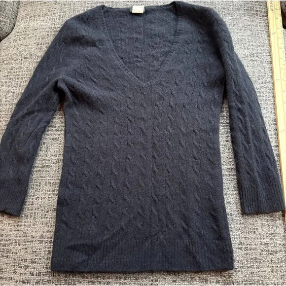 J. Crew‎ Womens Black V-Neck Cable Knit 100% Cashmere Sweater Size S